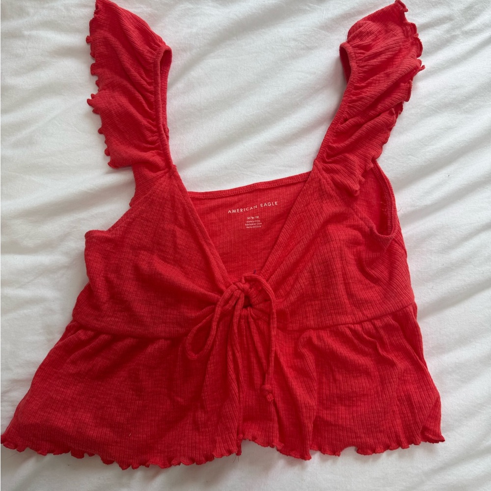 American Eagle Outfitters Red Ruffled Tie Front Crop Top